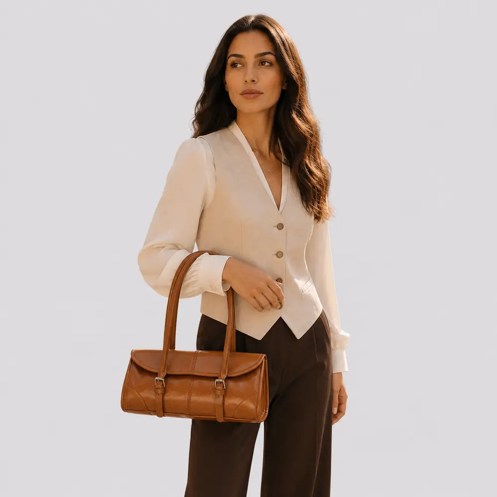 Sac à main marron camel Nine, porté studio cadrage buste
