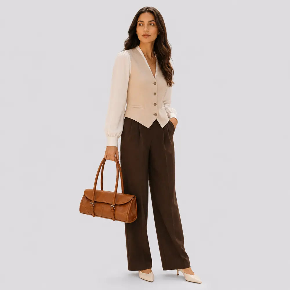 Sac à main marron camel Nine, porté studio plein pied