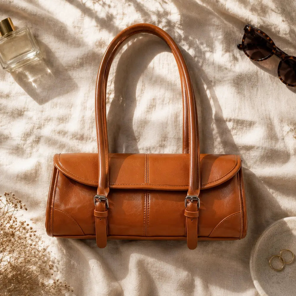Sac à main marron camel Nine, flatlay premium sur satin champagne