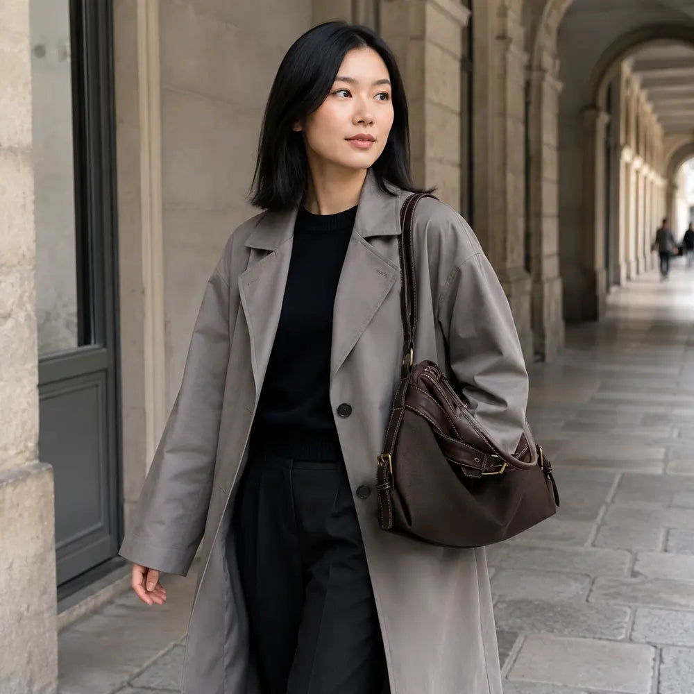 Sac à main marron foncé Bertille, porté lifestyle dans une rue parisienne