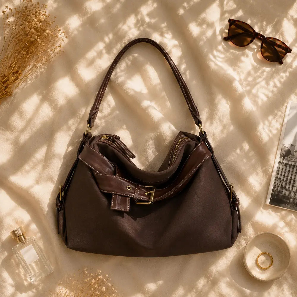 Sac à main marron foncé Bertille, flatlay premium sur satin champagne