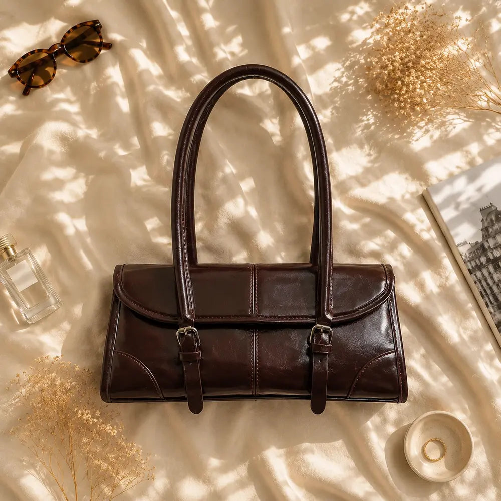 Sac à main marron foncé Nine, flatlay premium sur satin champagne