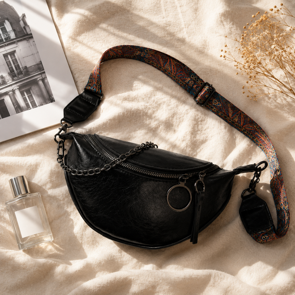 Sac banane femme avec chaîne noir – flatlay premium