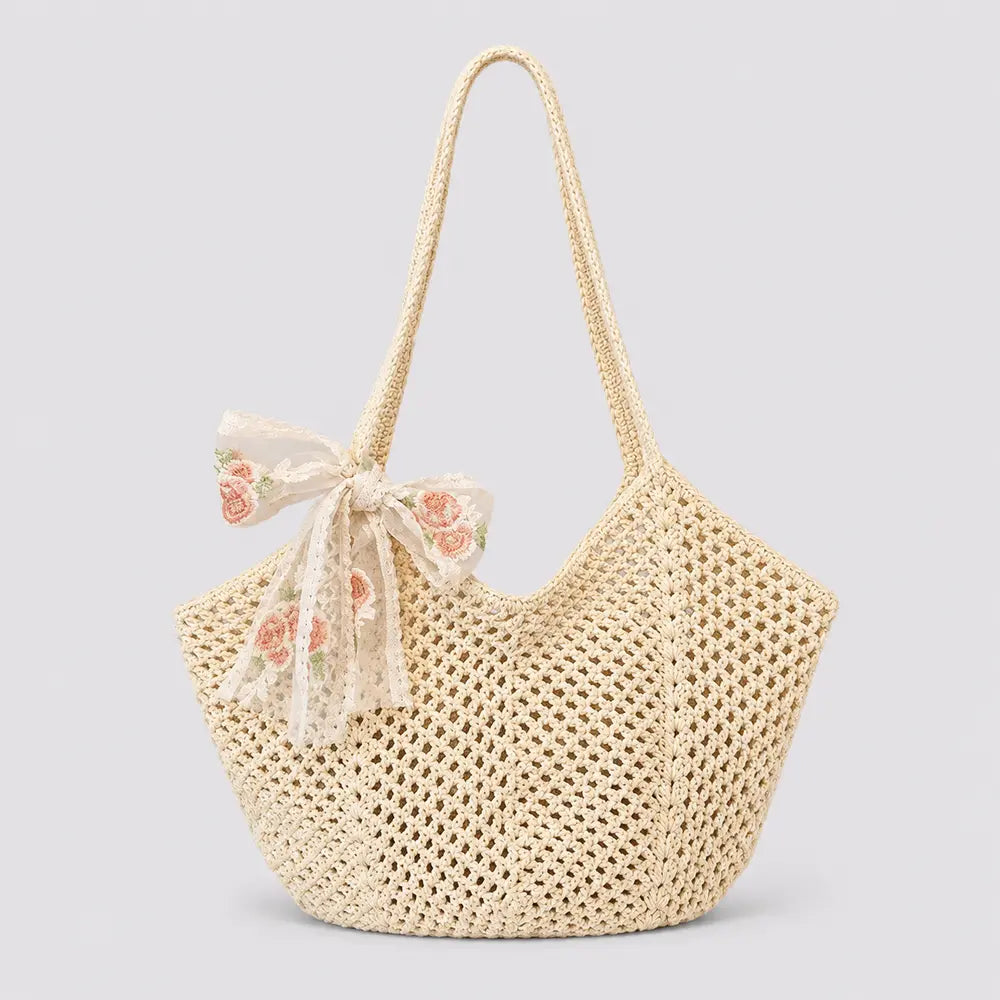 Sac cabas en crochet Séraphine beige, vue de face