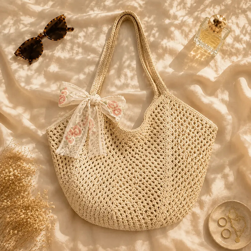 Sac cabas en crochet Séraphine beige en flatlay éditorial