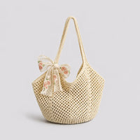 Sac cabas en crochet Séraphine beige, vue trois quarts