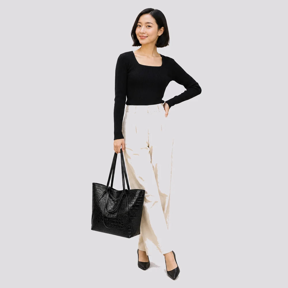 Sac à main Noir — Arielle, porté en studio, plein pied