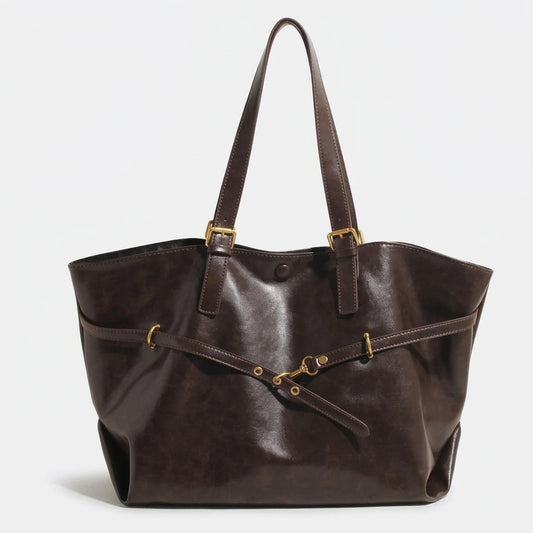 Tote Bag Retro PU Leather Shoulder coffee, vue de face sur fond gris clair
