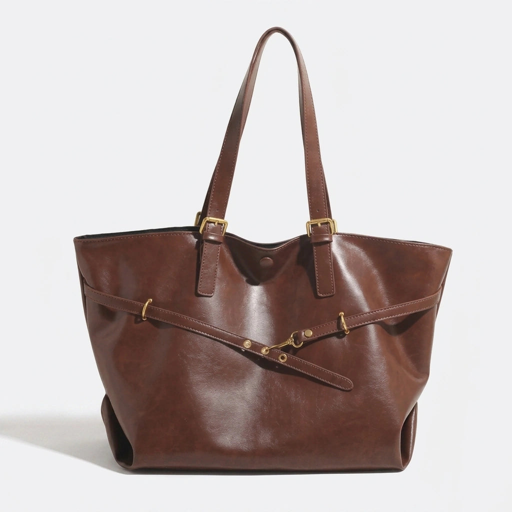 Tote Bag Retro PU Leather Shoulder light brown, vue de face sur fond gris clair