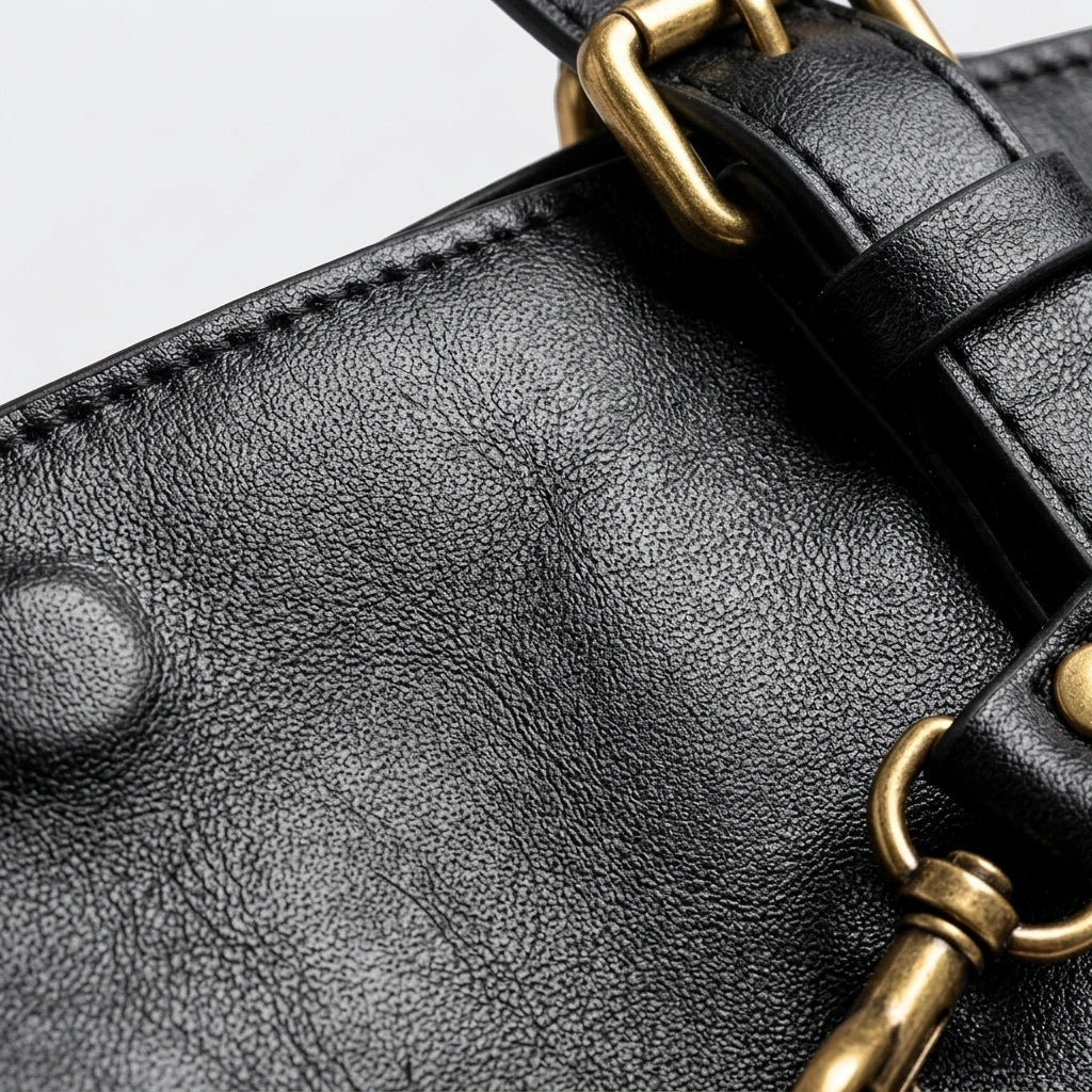 Tote Bag Retro PU Leather Shoulder noir, macro de la matière, détail texture
