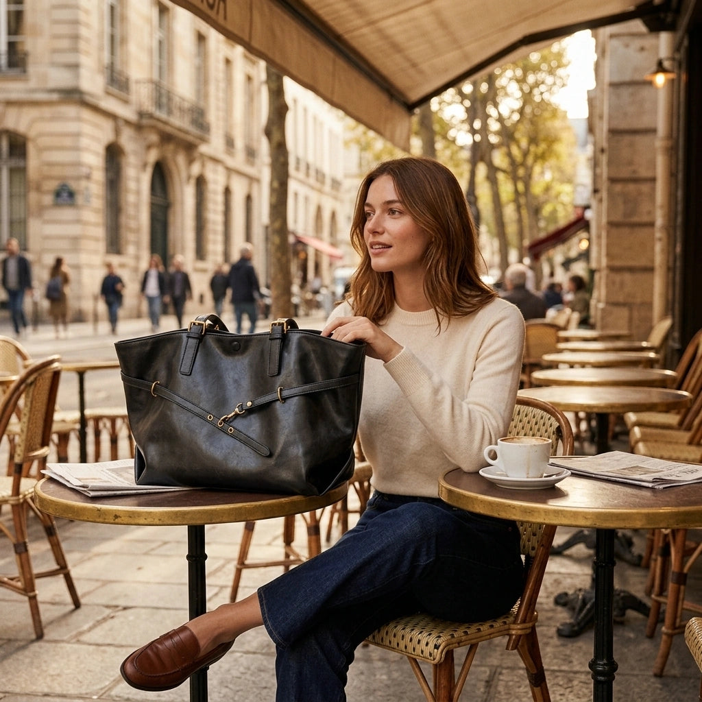 Tote Bag Retro PU Leather Shoulder noir, porté en situation, scène lifestyle
