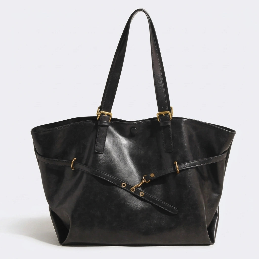 Tote Bag Retro PU Leather Shoulder noir, vue de face sur fond gris clair